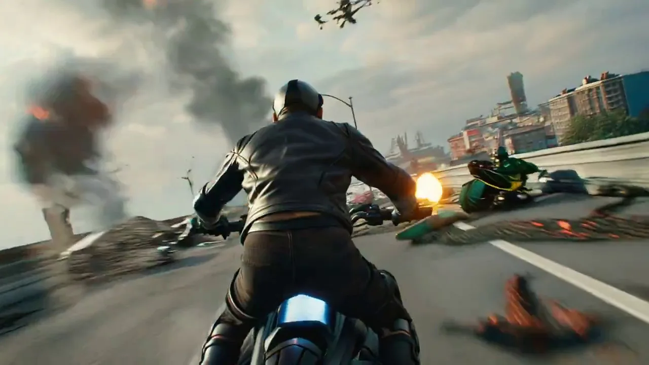 Hoverbike weaves through abandoned vehicles