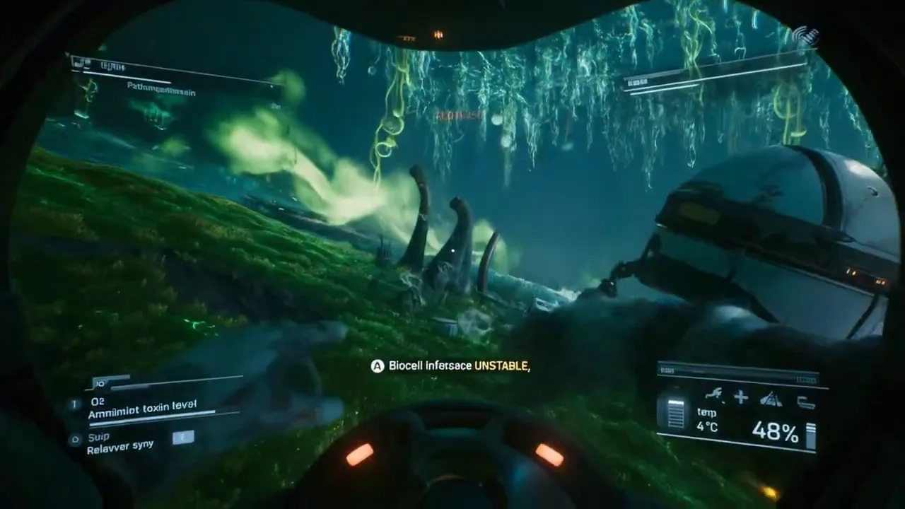 Pov gaming sense of Kneeling on a slope of bioluminescent moss