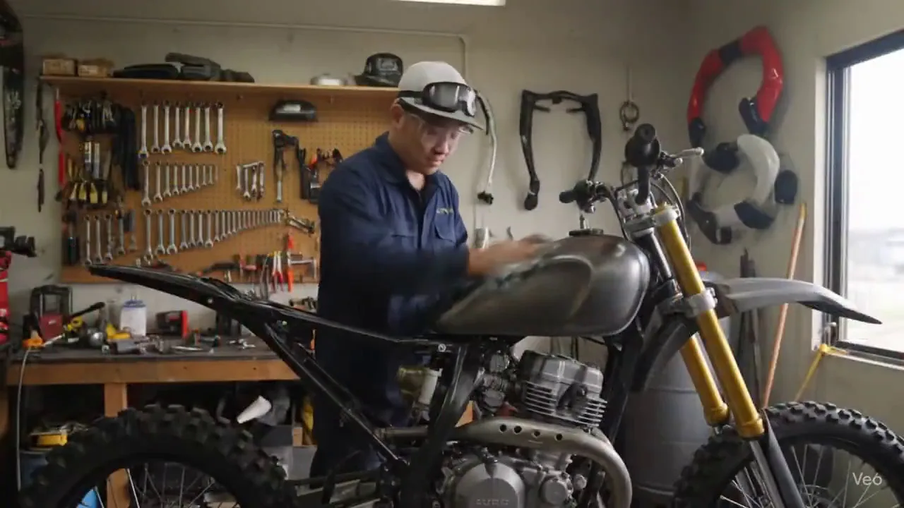 A man builds a Yamaha motocross bike from scattered parts in his garage