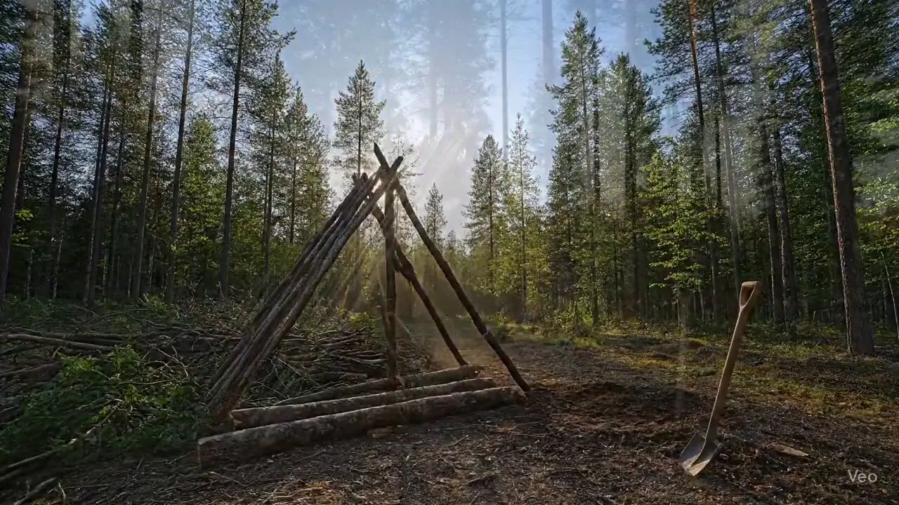 A smooth timelapse video showing two men building a primitive shelter in a forest