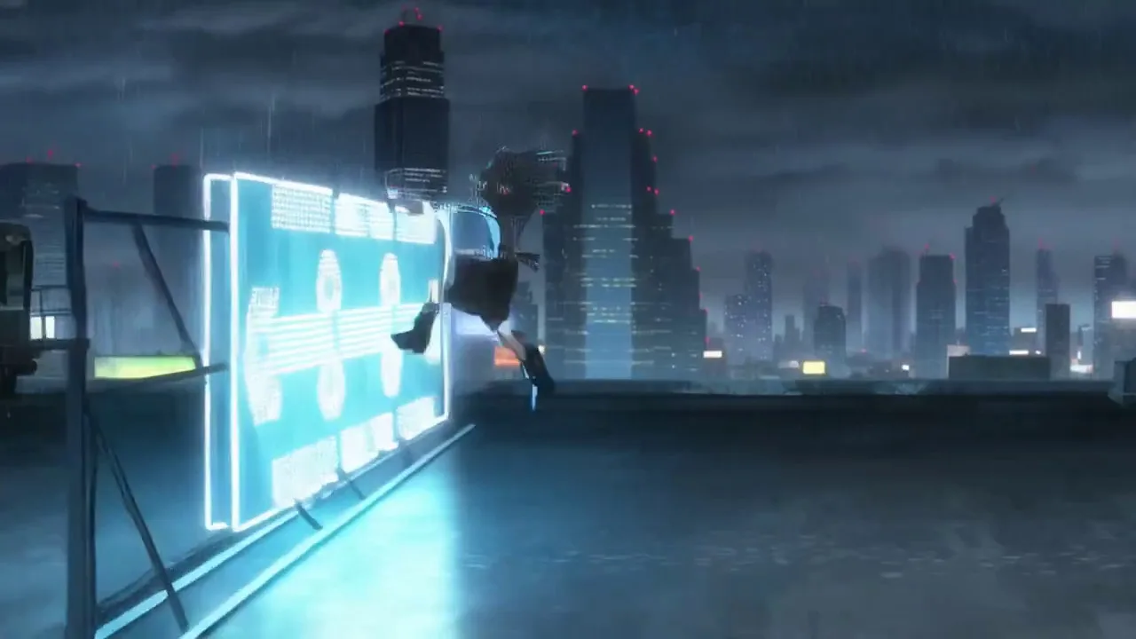 A girl jumps from rooftop to rooftop during a thunderstorm