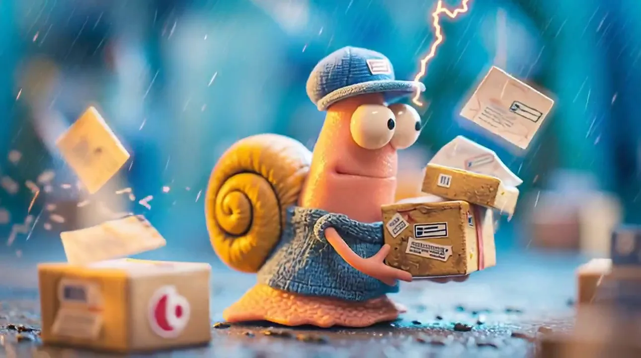 A clay snail mailman trying to deliver packages