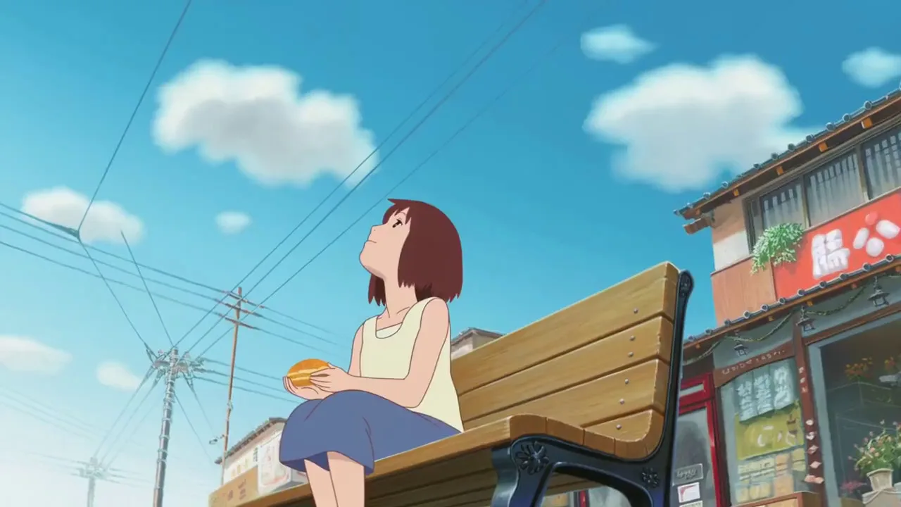 A girl sits outside a small bakery, eating melonpan