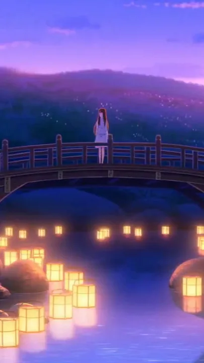 A girl crosses a footbridge at twilight, stopping in the center