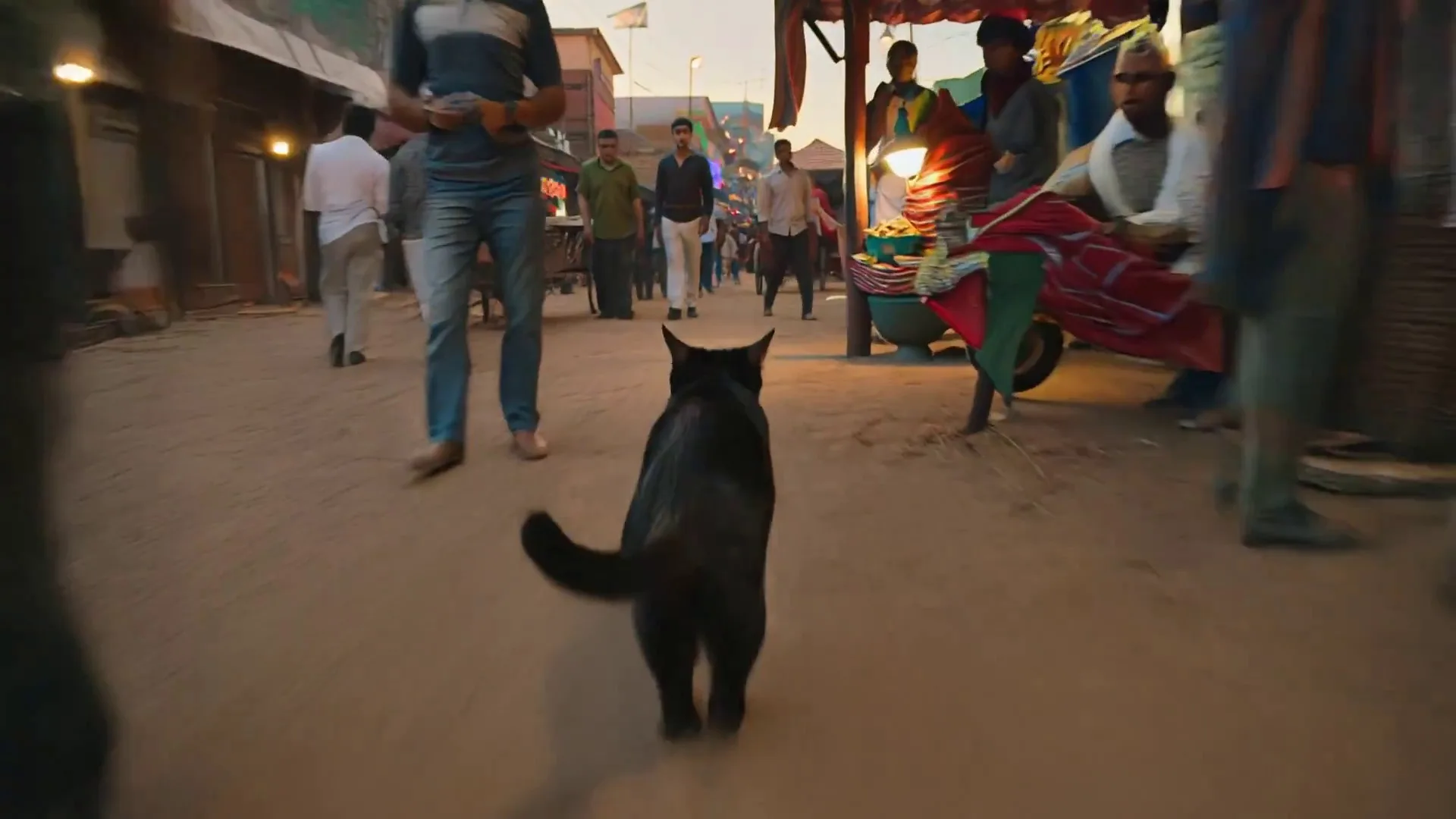 A black cat sprinting through a bustling Indian street market at dusk