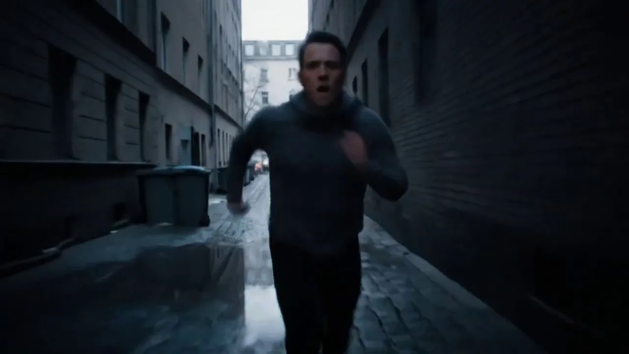 Tracking shot follows a man sprinting full speed through a narrow Berlin alley at dusk