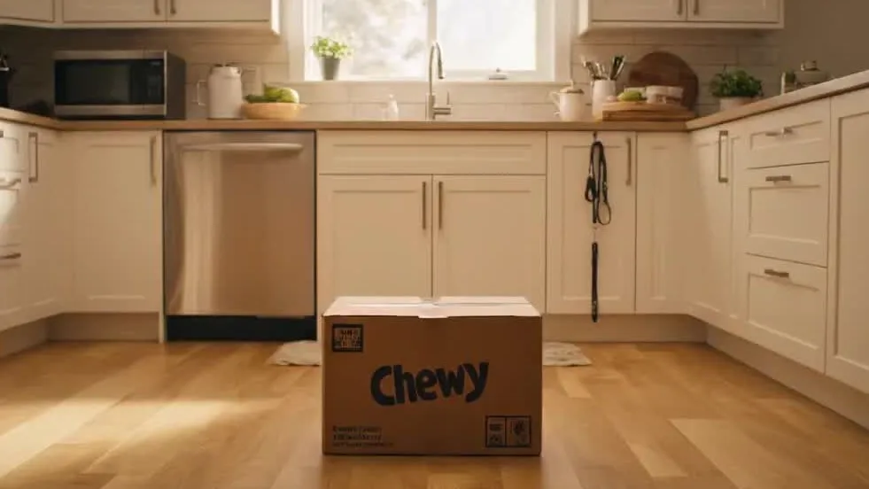 A sealed Chewy box exploding advertisement