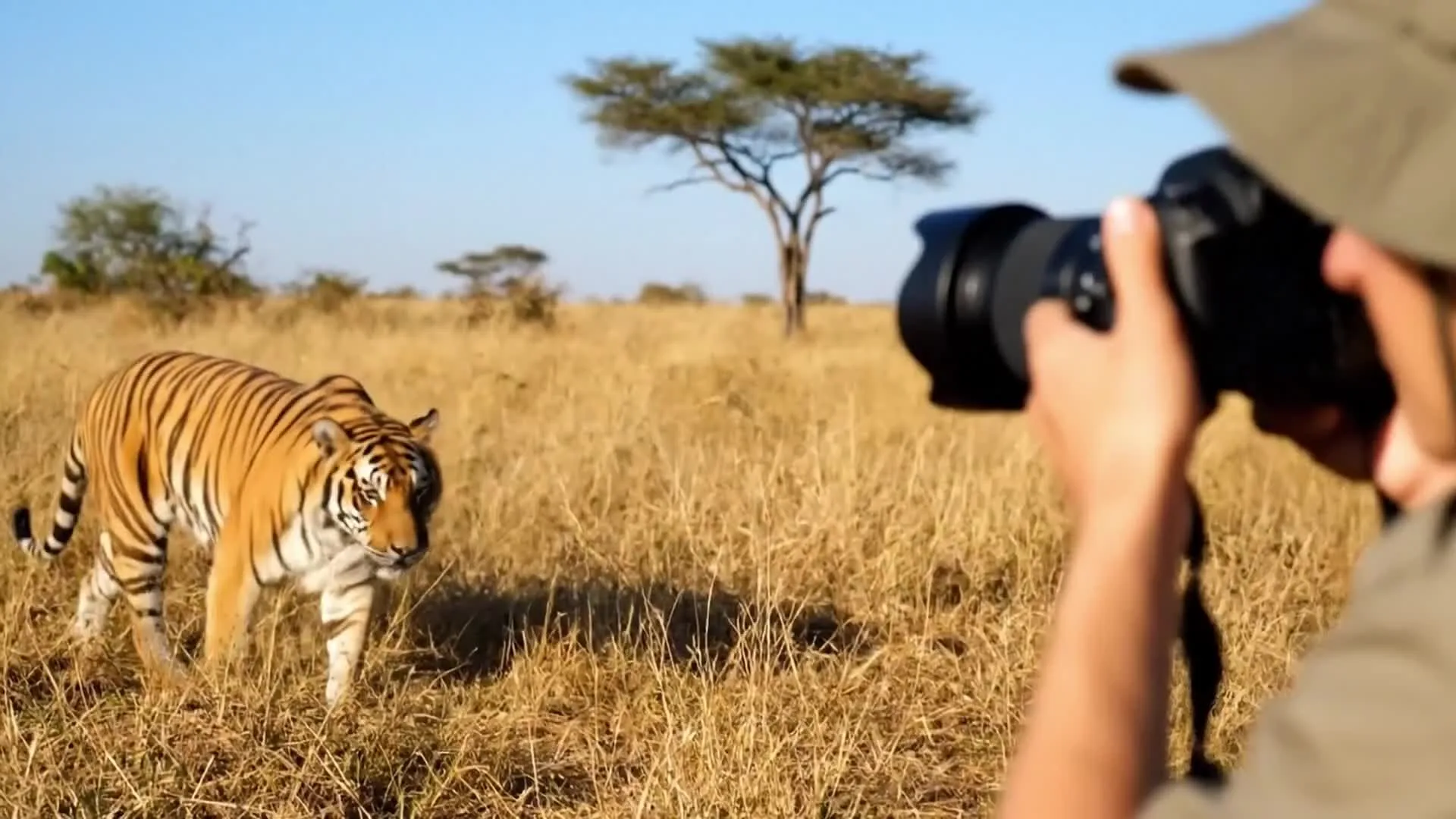 A photographer points a Canon EOS camera at a tiger walking slowly toward frame