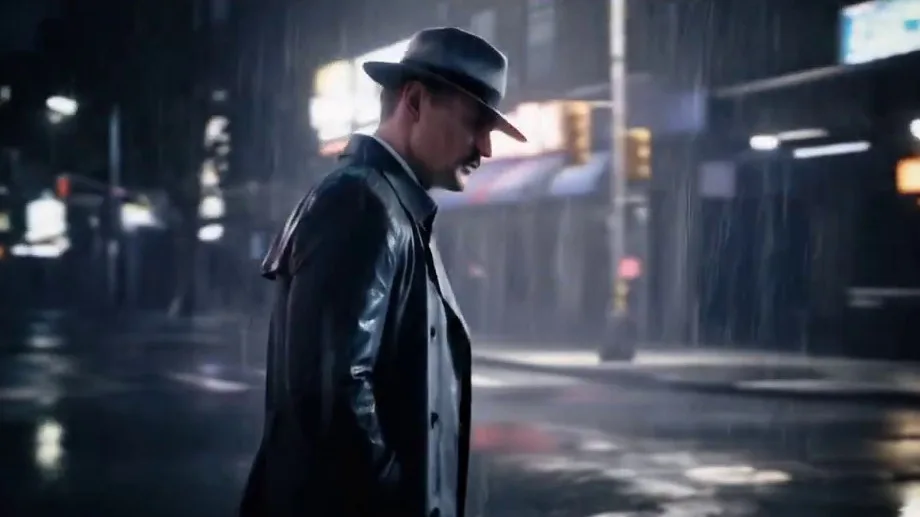 A trenchcoat-clad detective walking alone through a rain-soaked city street at night