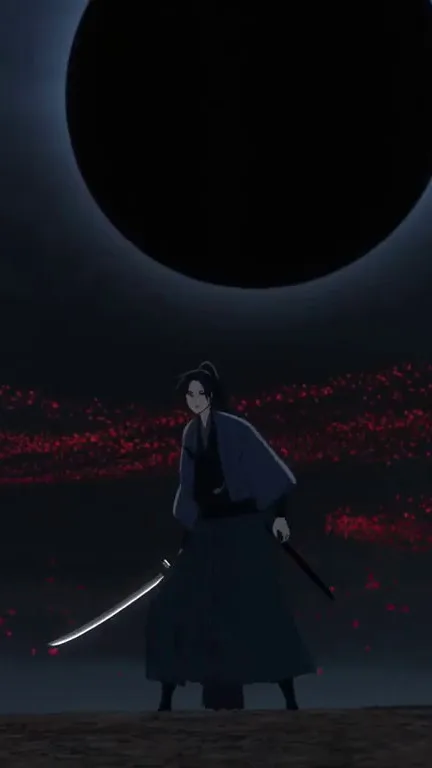 A swordsman stands under a black sun
