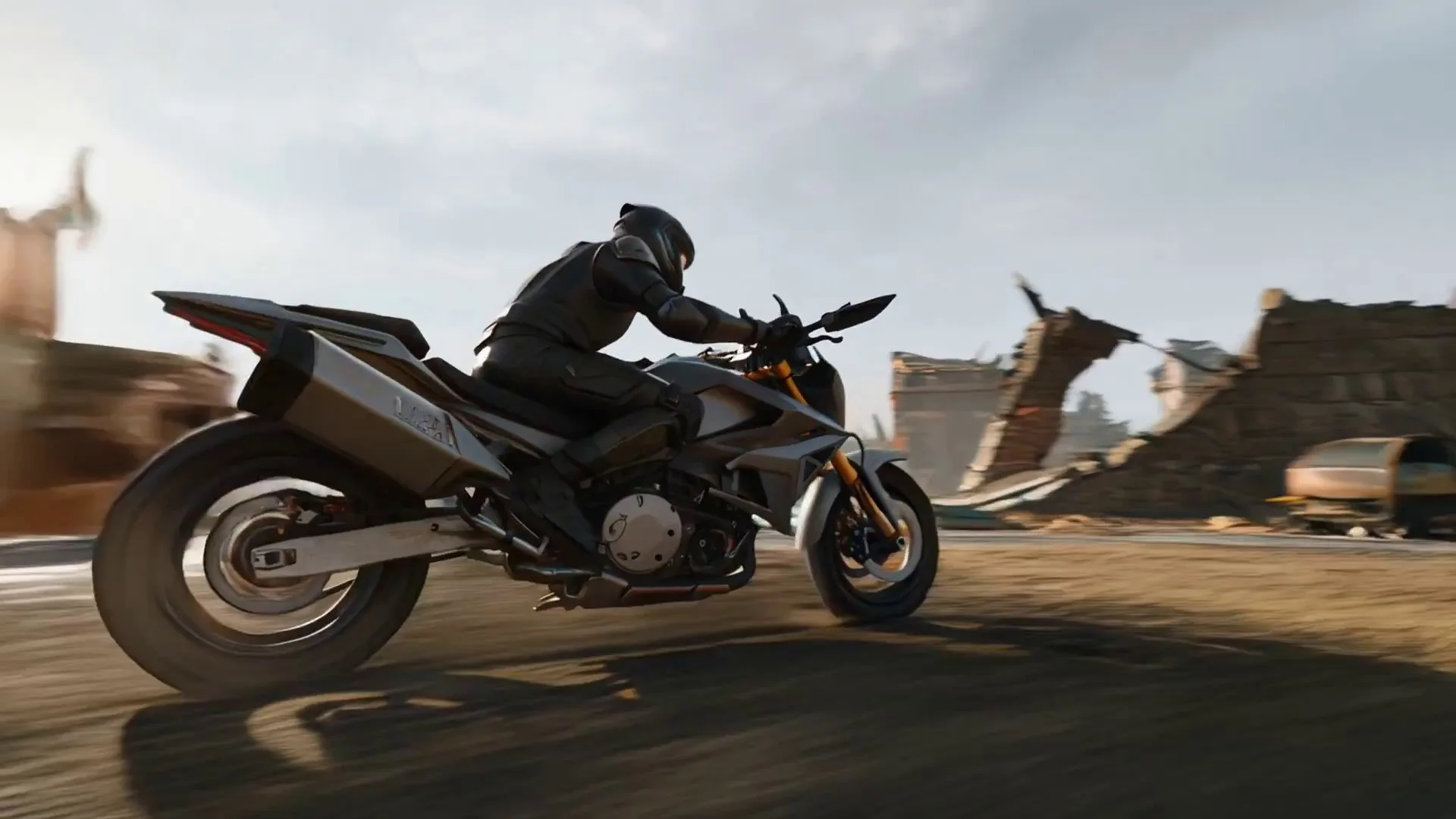 A drifting combat bike sliding through broken stone arches
