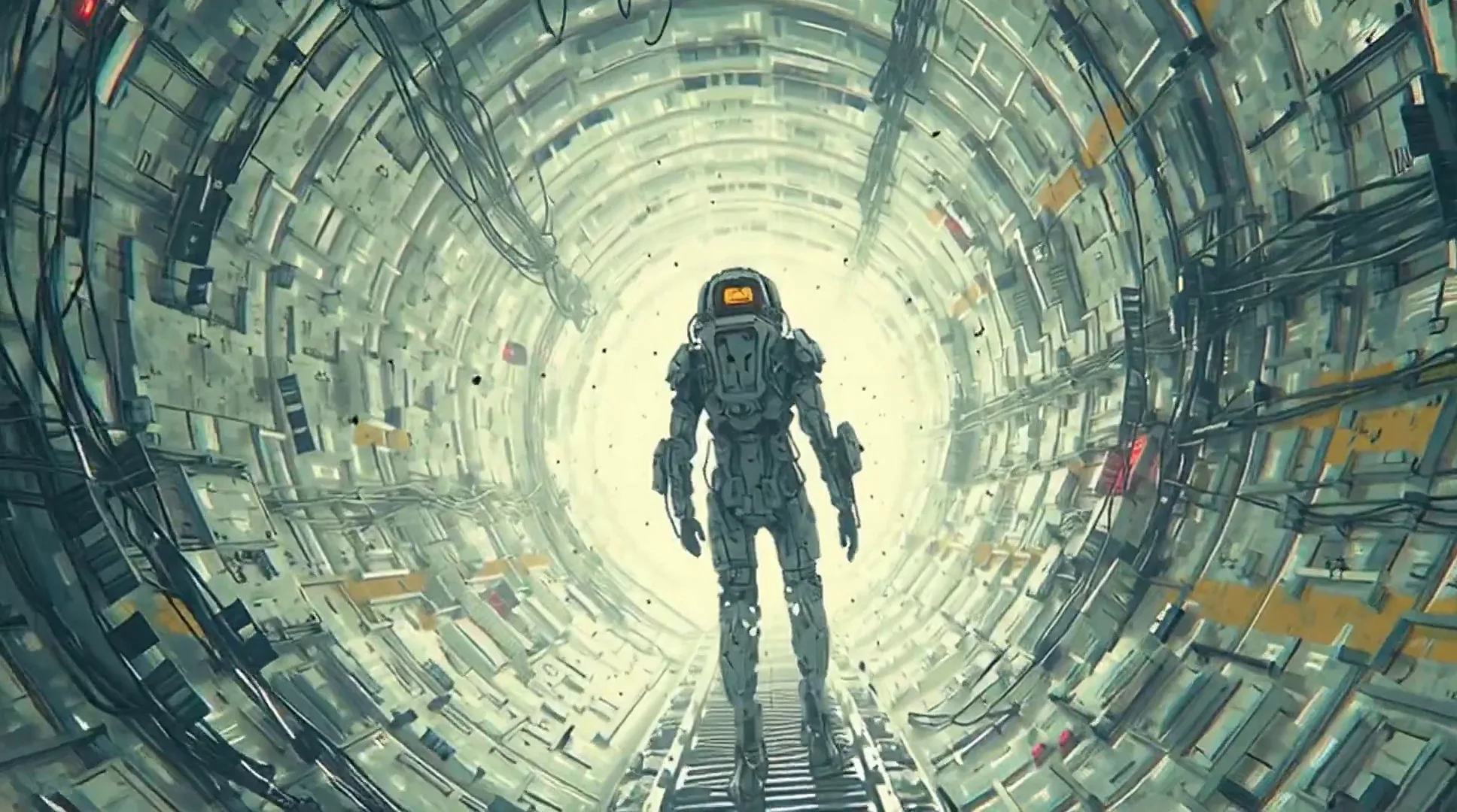 A lone figure in a skeletal exosuit descending through a vertical tunnel