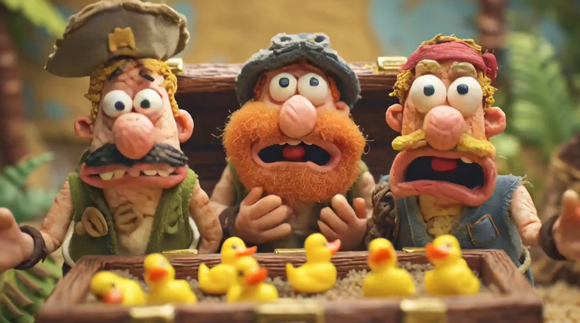 Clay pirates discovering a treasure chest full of rubber ducks