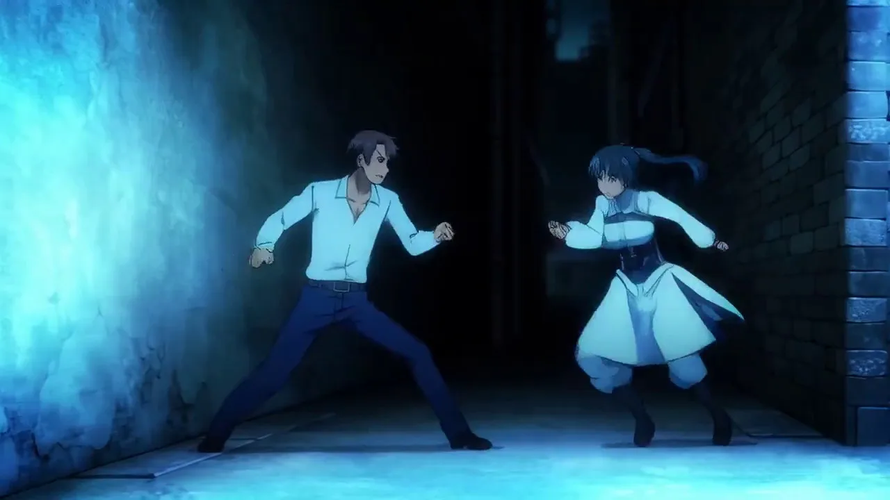 Two characters exchange blows in a tight alleyway