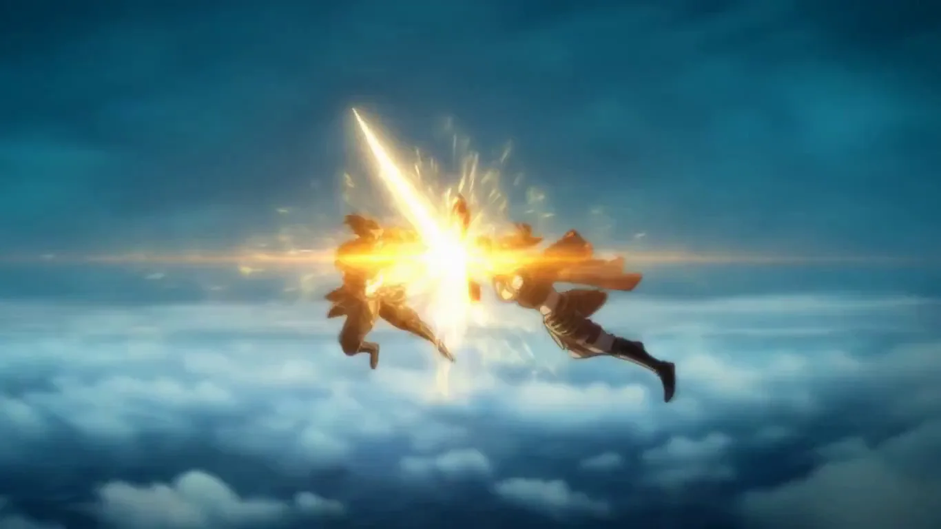 Two fighters clash in mid-air as the camera spins wildly around them