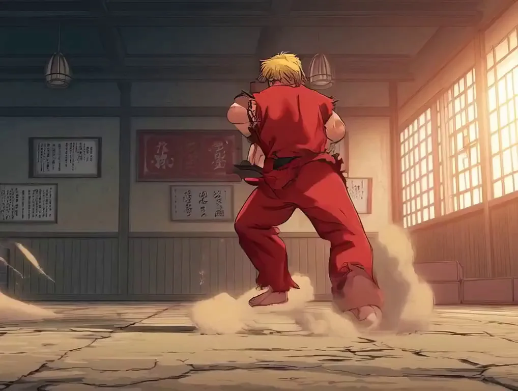 A focused martial artist in a red gi kneels on a cracked dojo floor