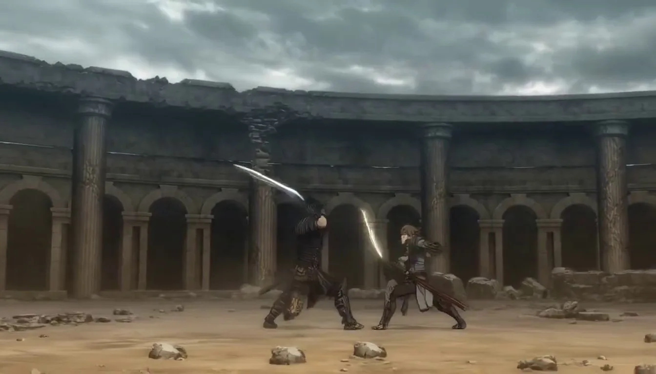 A high-speed fight between gladiators in a ruined arena