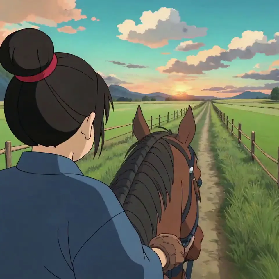 A pov shot of an anime girl, riding a horse
