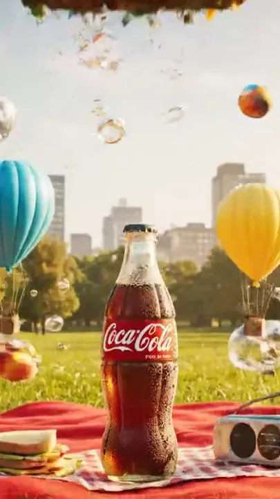 Ice-frosted Coca-Cola bottle on a red picnic blanket in summer park Ad