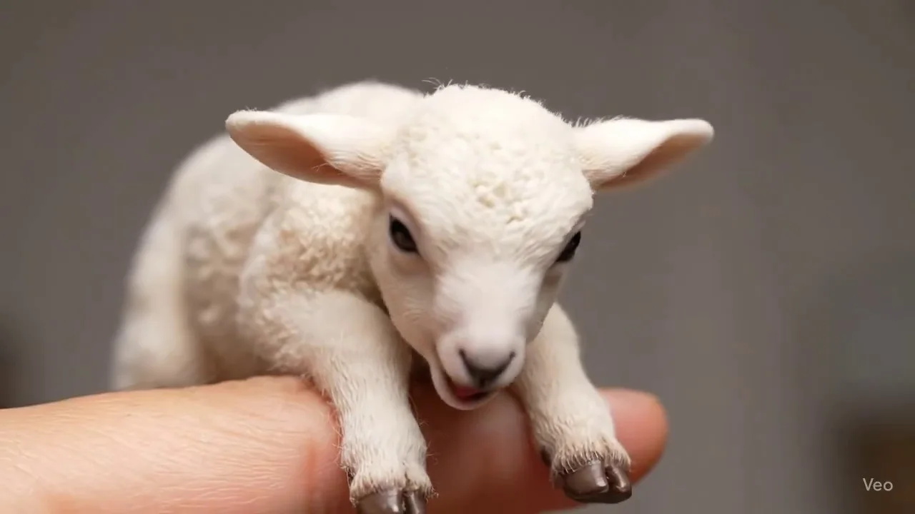 A miniature lamb perched on a person’s finger