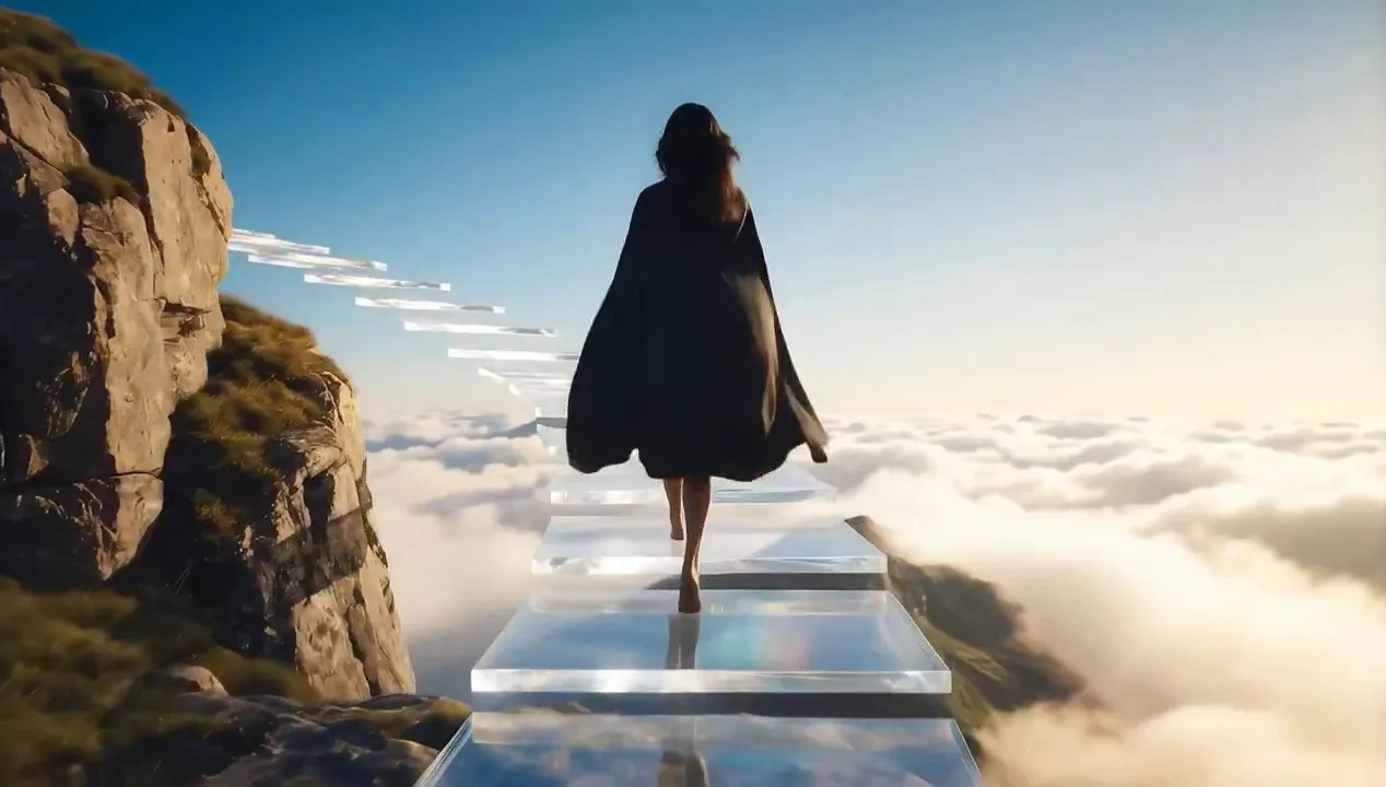 Steps out of thin air a woman in a flowing black cloak steps forward without pause