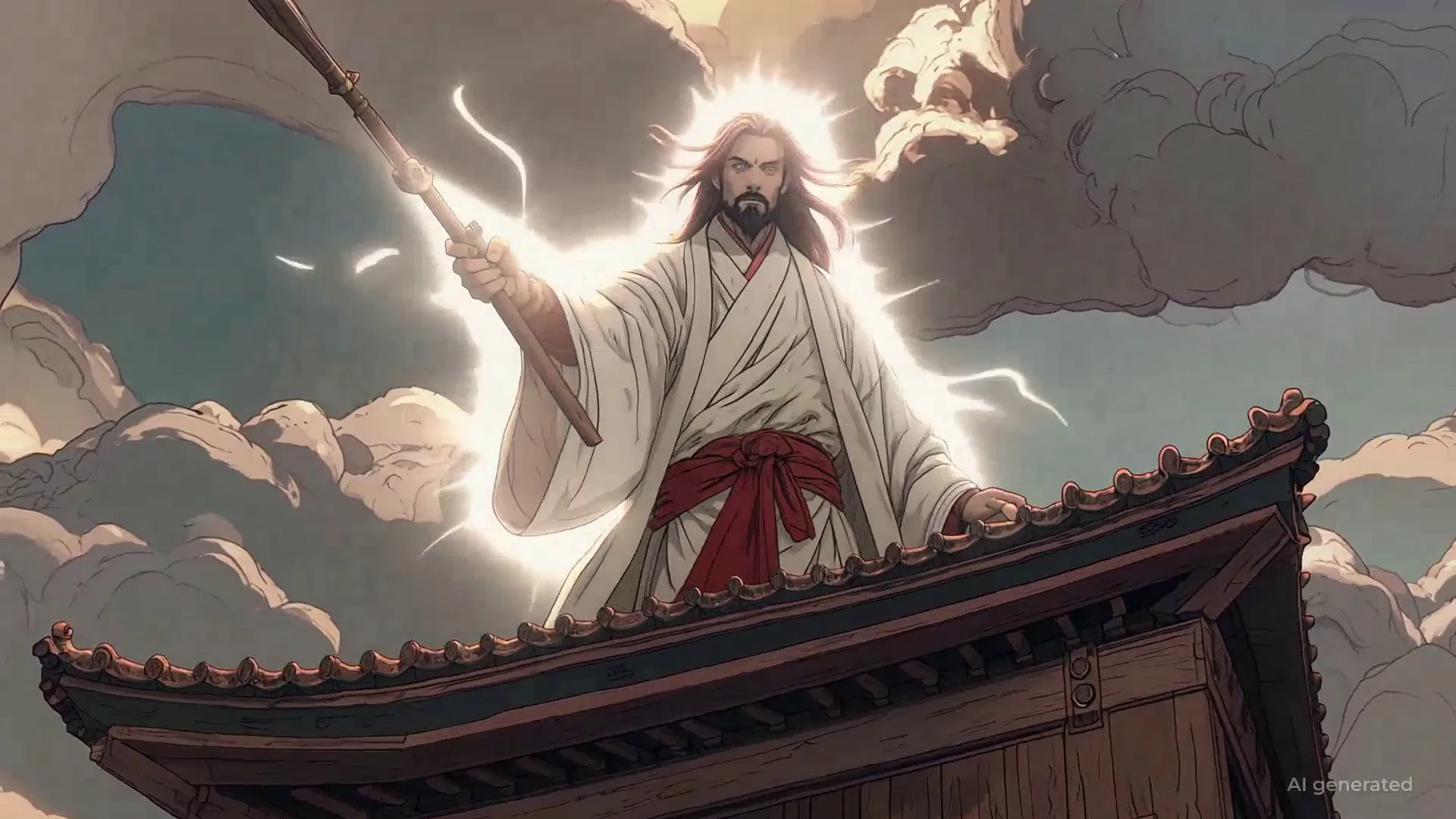 A god-like long-haired man standing on a rooftop