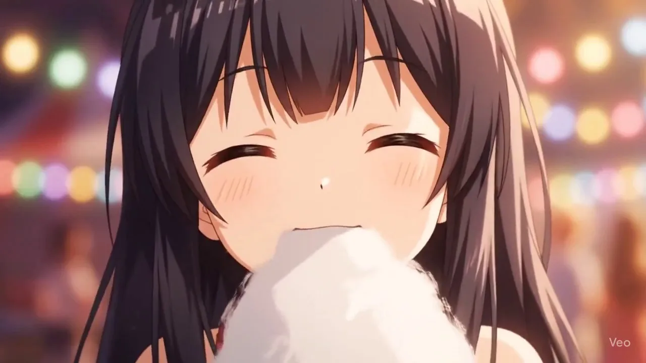 Anime Girl Takes A Bite Of The Cotton Candy
