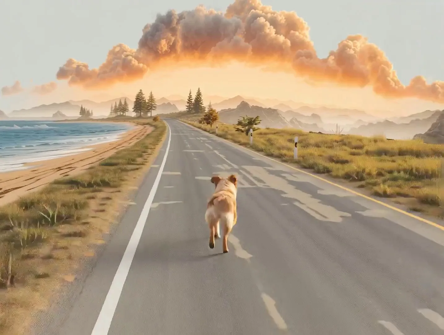 Golden Retriever Dog Walking In Photorealistic 3D Cross-Section Road Base