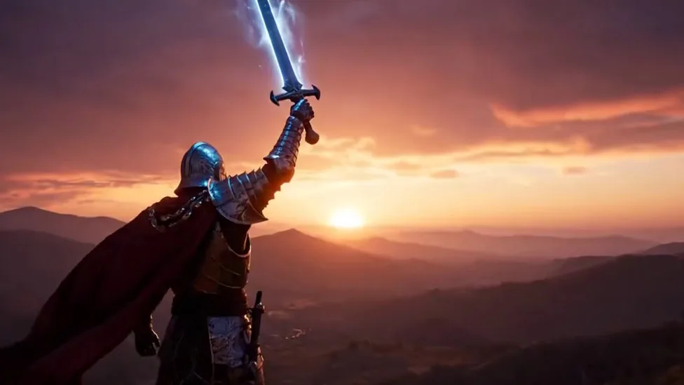 Armored Warrior Raising A Glowing Sword Skyward